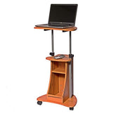A laptop on a wooden stand with wheels, providing mobility and a stable workspace.